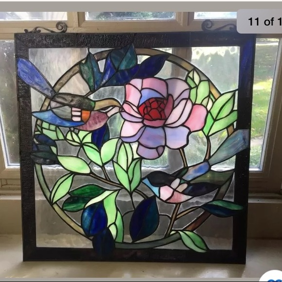 🍀SOLD 🍀Vintage Birds & Flower Leaded Stained Glass 18" - Picture 8 of 8